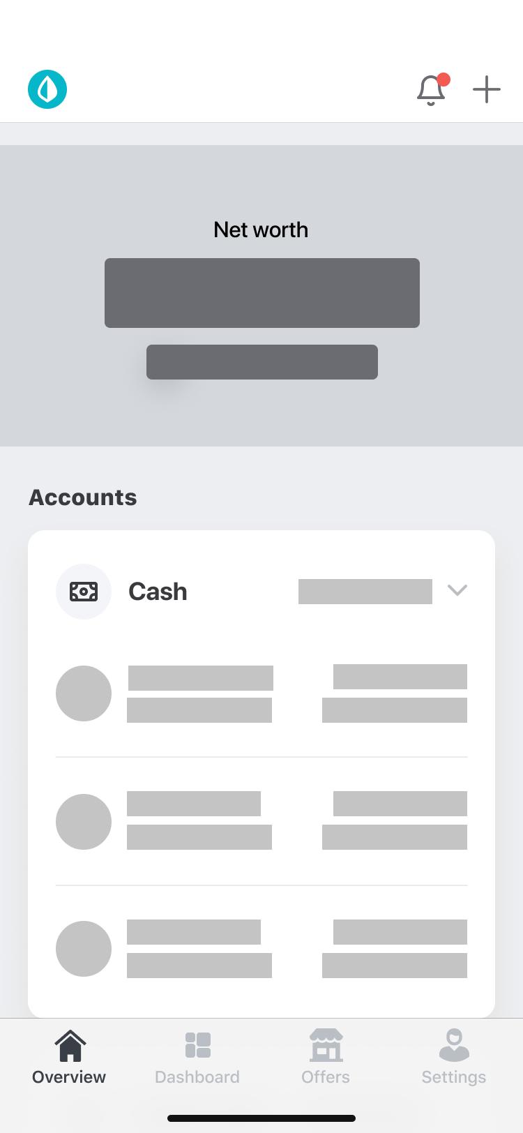 Separate Tab concept: Net worth dashboard with a dedicated bottom tab