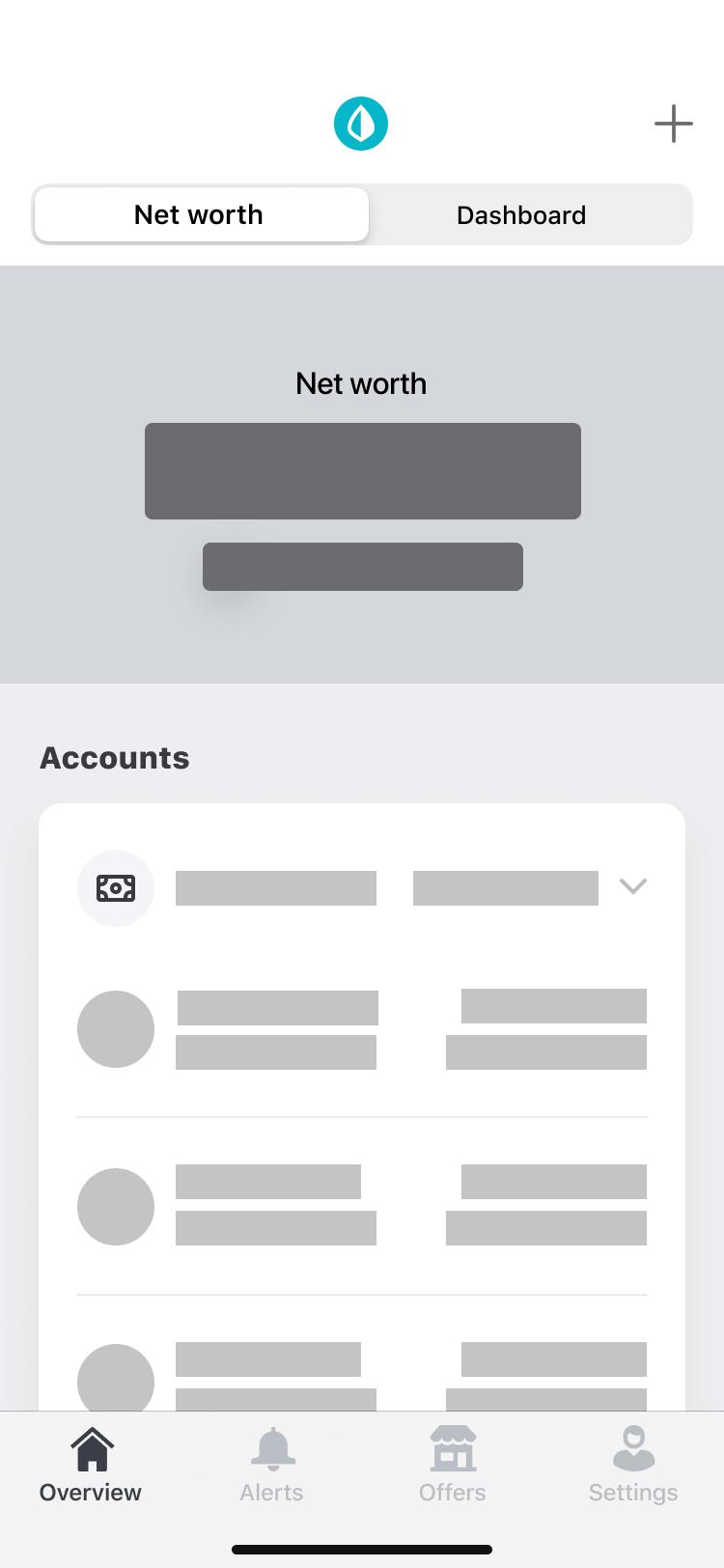 Top Tabs concept: Net worth dashboard with top tab navigation between Net worth and Dashboard