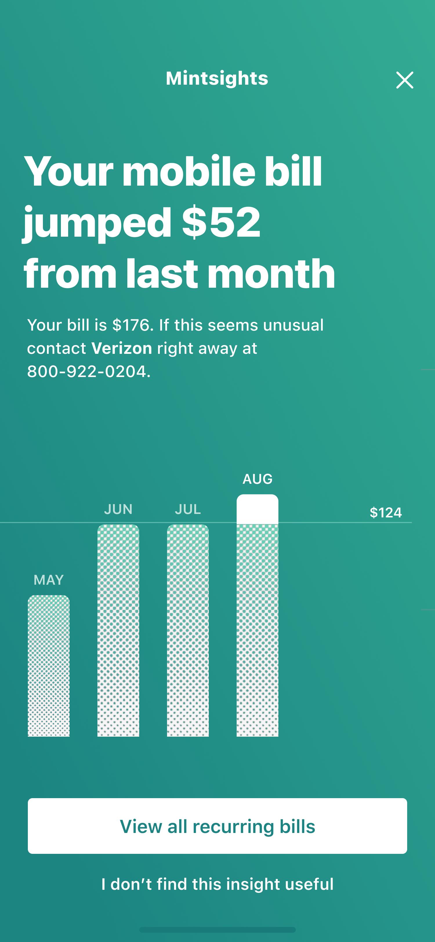 Joyful: Mintsights alert noting the mobile bill jumped from last month, with an option to view all recurring bills