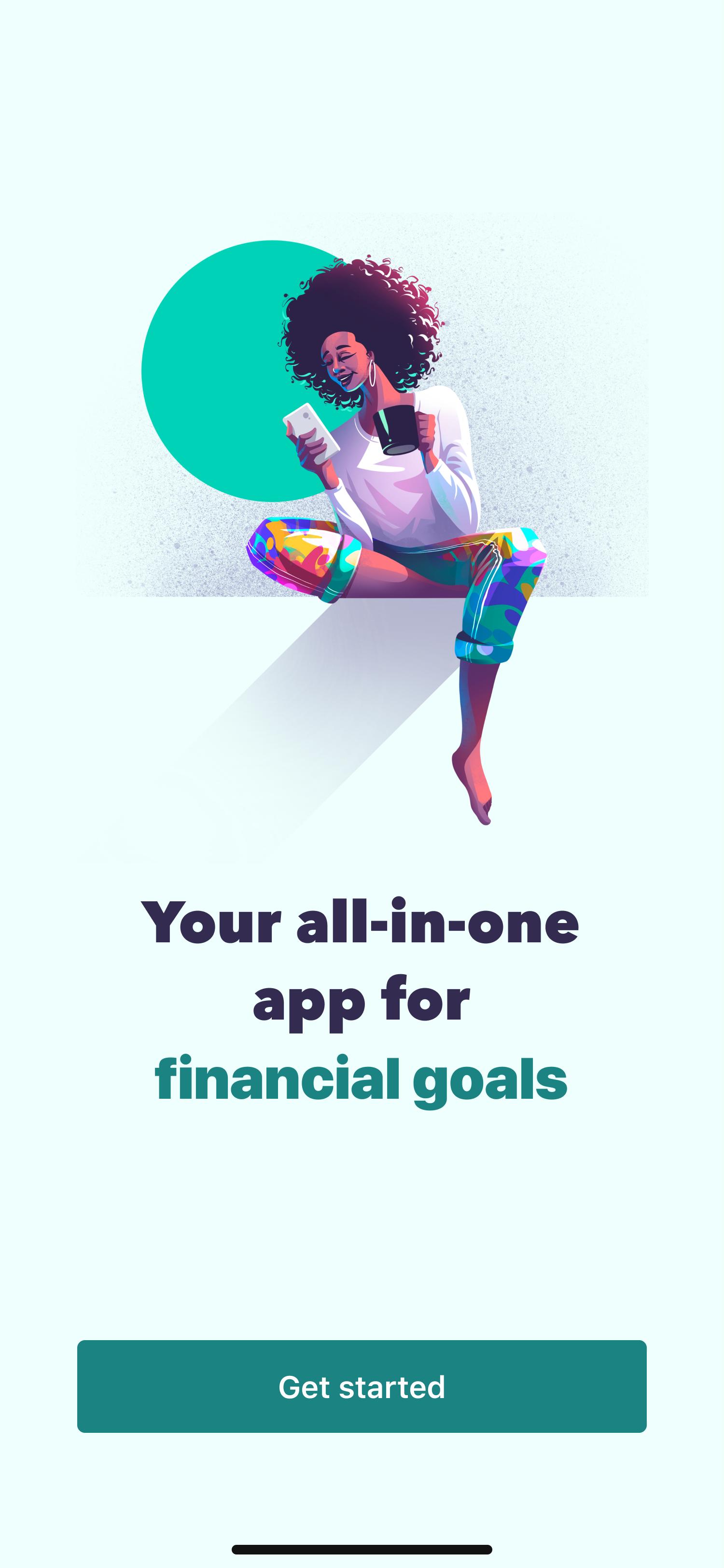 Personalized: welcome screen introducing Mint as an all-in-one app for financial goals, with a Get started button
