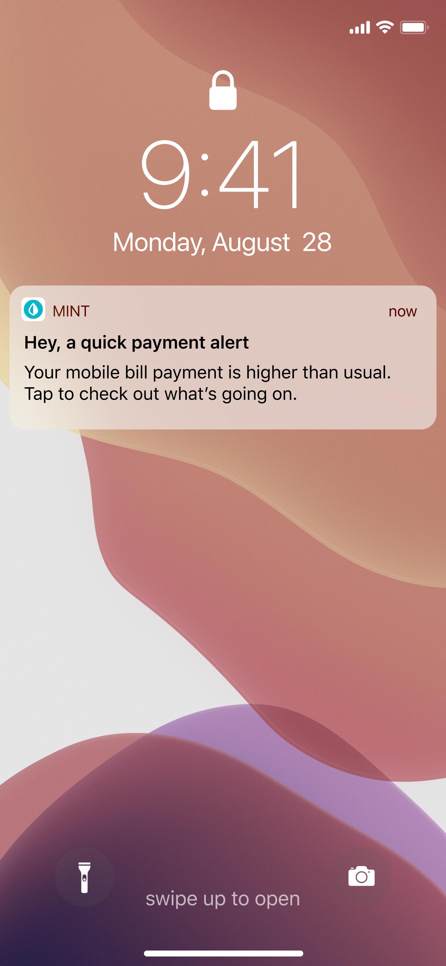 Notifications from: Generic lock screen alert about a higher than usual mobile bill payment