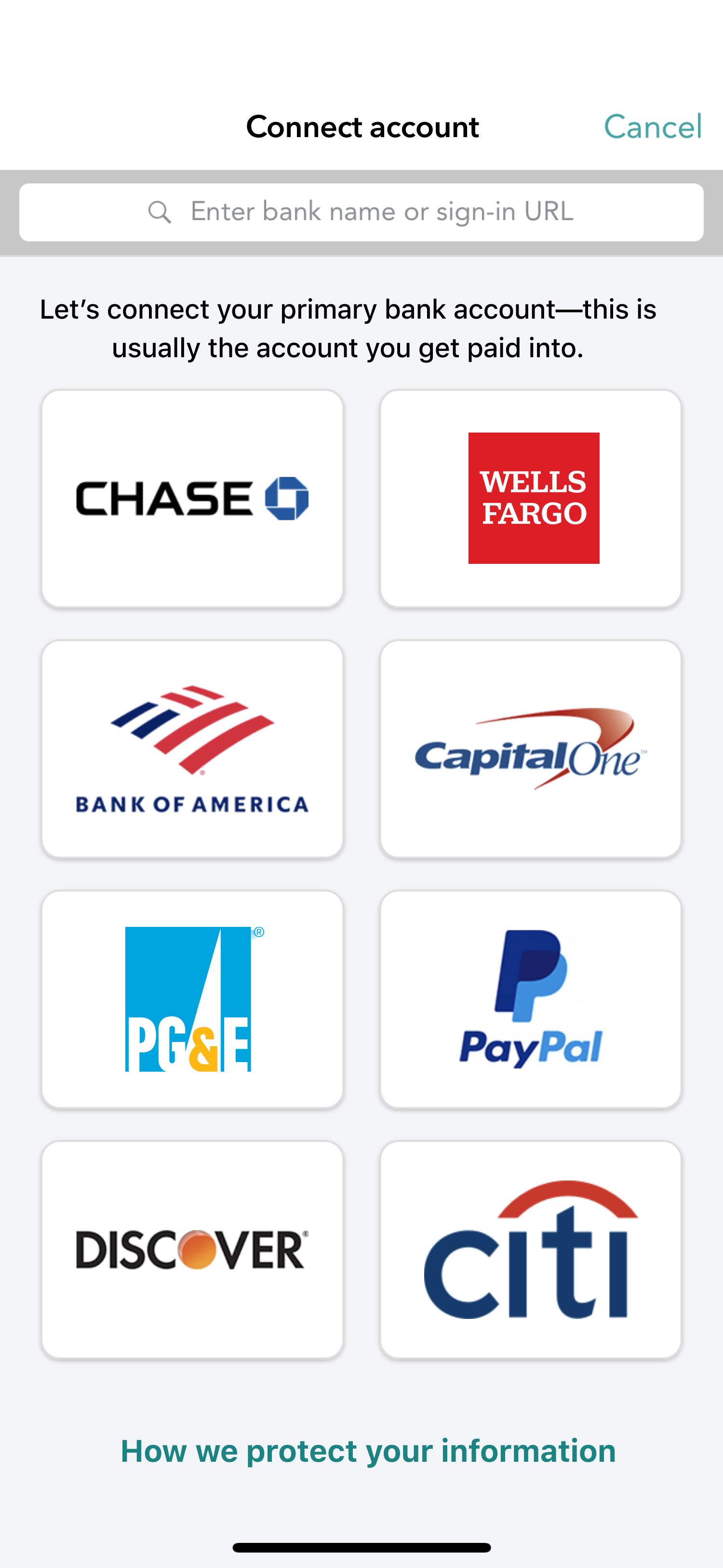 Onboarding from: Connect account screen listing bank options such as Chase, Wells Fargo, and Capital One