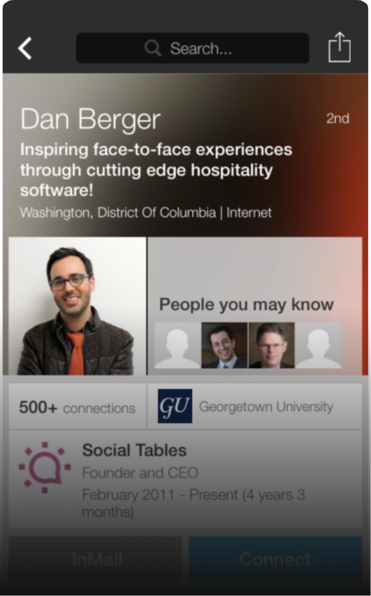 FROM: Original LinkedIn mobile profile, organized around the profile owner's own history and details