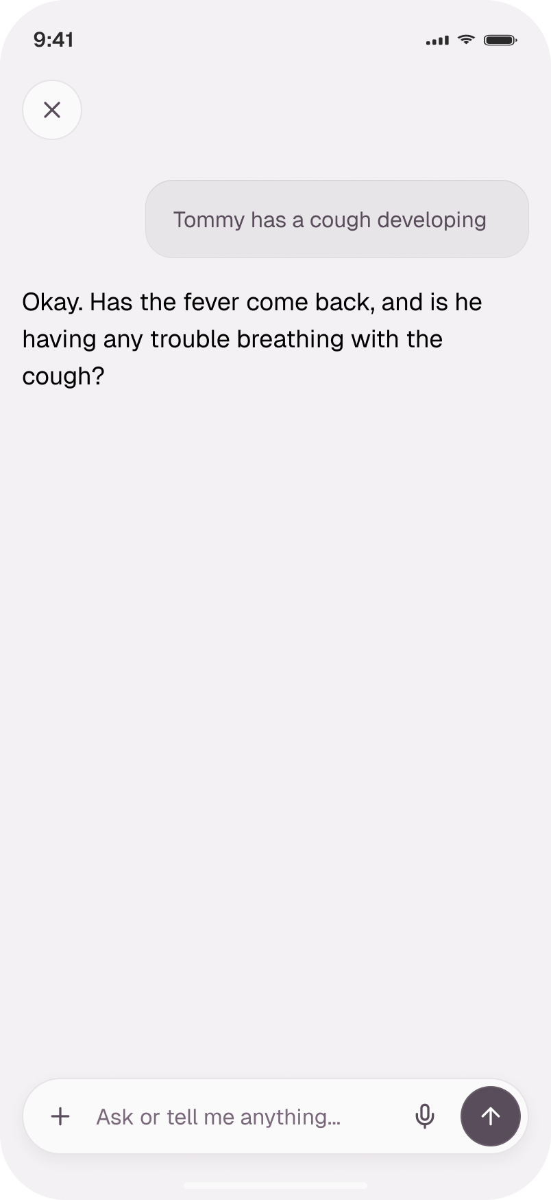Phamly conversation interface showing a family health chat about Tommy's cough