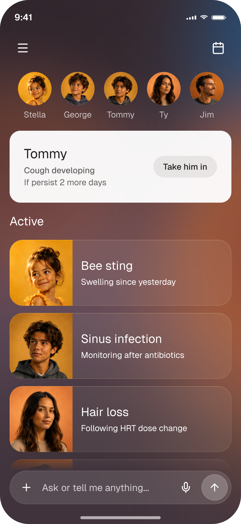 Phamly structured family health view with profiles, active health cards, and a Take him in action