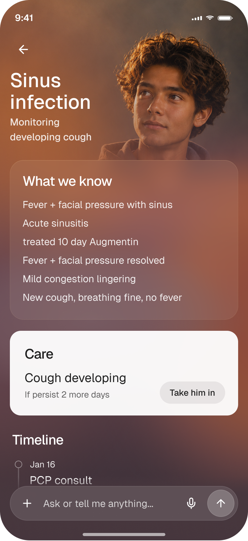 Phamly sinus infection detail view with what-we-know summary, care action, and timeline