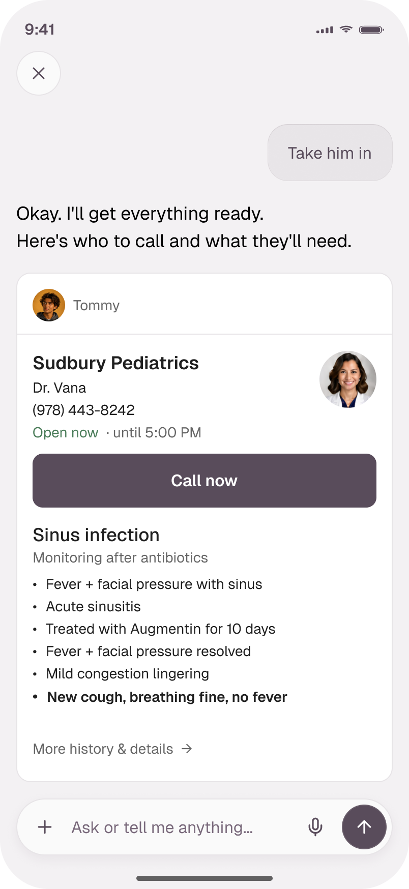Phamly action screen showing provider contact details, call action, and medical summary for Tommy