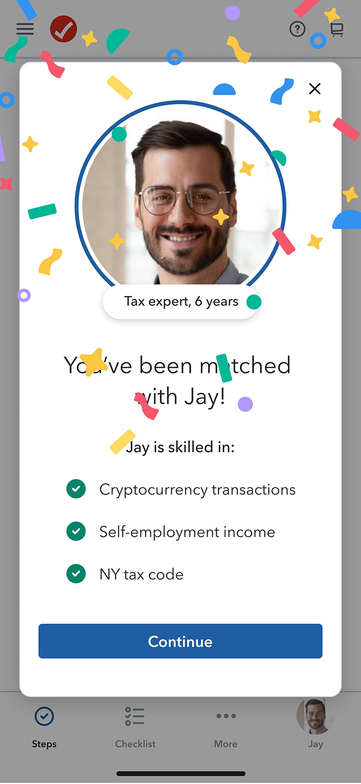 FROM: onboarding screen showing a customer being matched with a tax expert, with a checklist of the expert's specialties