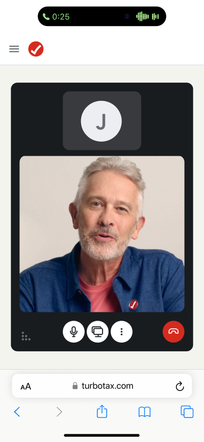 TurboTax mobile expert connection screen.