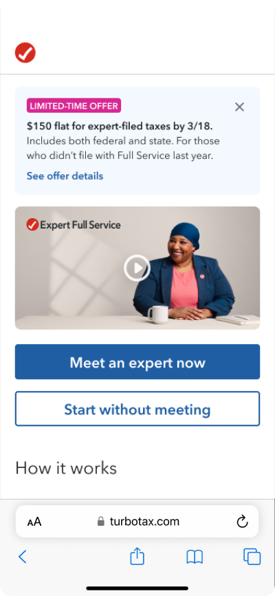 TurboTax mobile start screen.