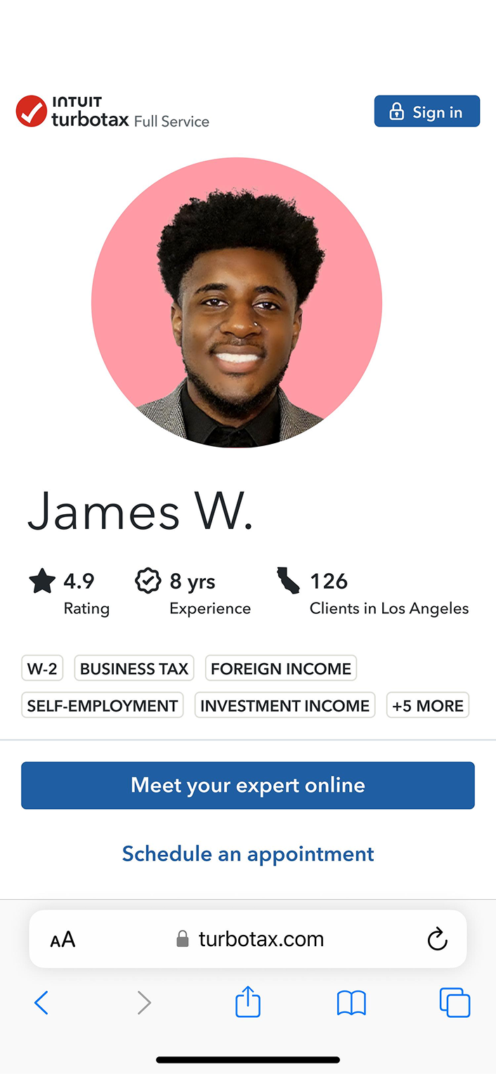 FROM: expert profile screen for James W., showing rating, experience, client count, and specialties, with 'Meet your expert online' and 'Schedule an appointment' actions