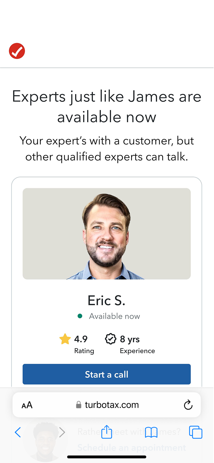 TO: redesigned 'Experts just like James are available now' screen, offering Eric S. as an available expert with a 'Start a call' action
