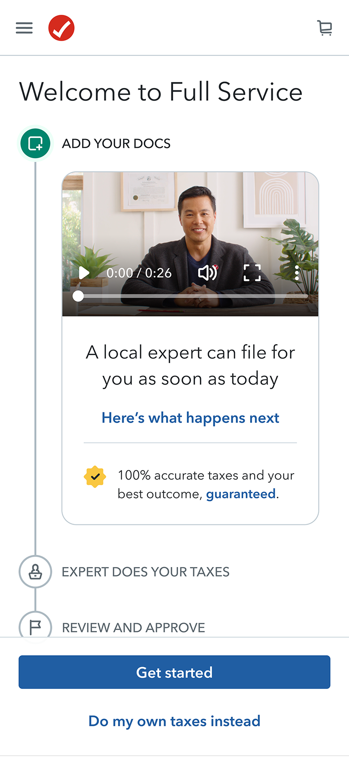 FROM: Welcome to Full Service onboarding screen, with an expert introduction video and a 'Get started' call to action