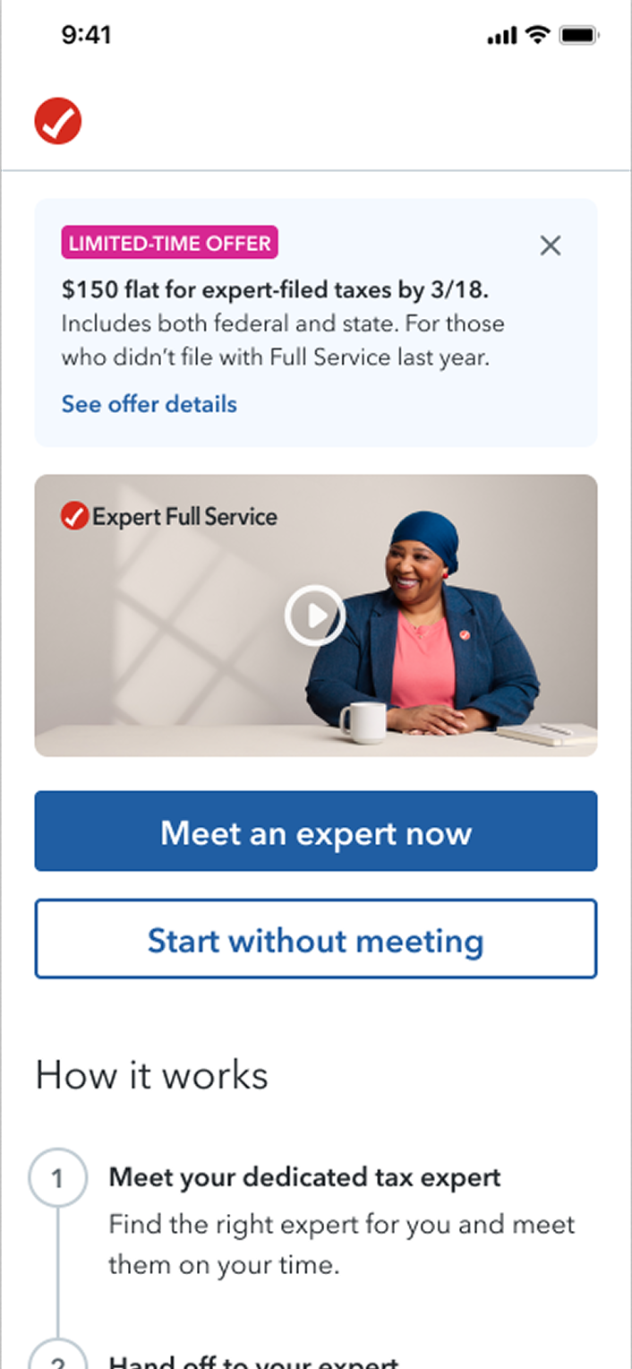 TO: Redesigned expert-offer screen, with a limited-time offer, an expert video, and 'Meet an expert now' / 'Start without meeting' choices
