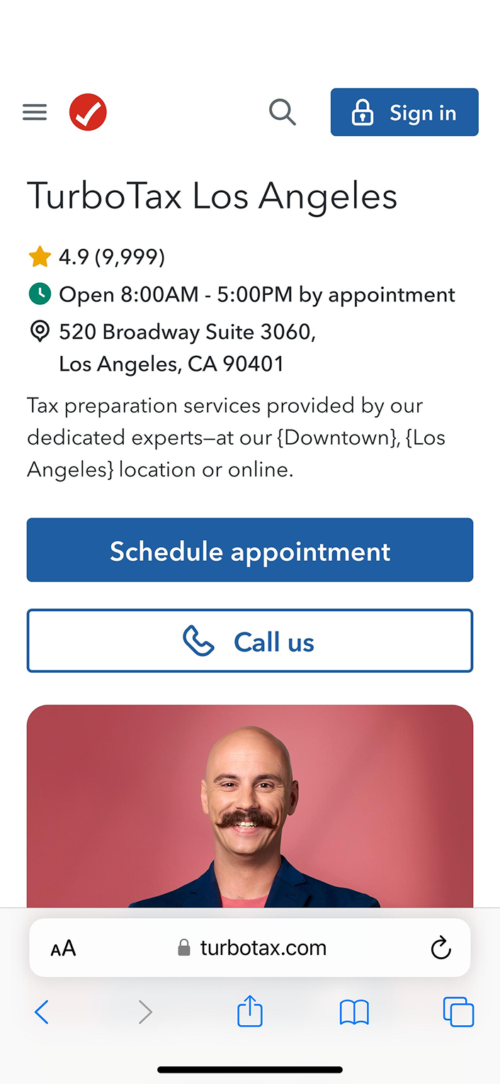 TurboTax Los Angeles local office listing, with 'Schedule appointment' and 'Call us' actions and a tax expert's contact card
