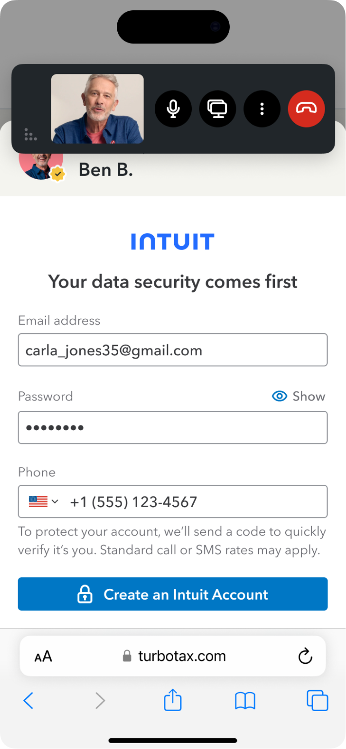 Video call with tax expert Ben B. alongside a guided account-setup form for data security and contact details